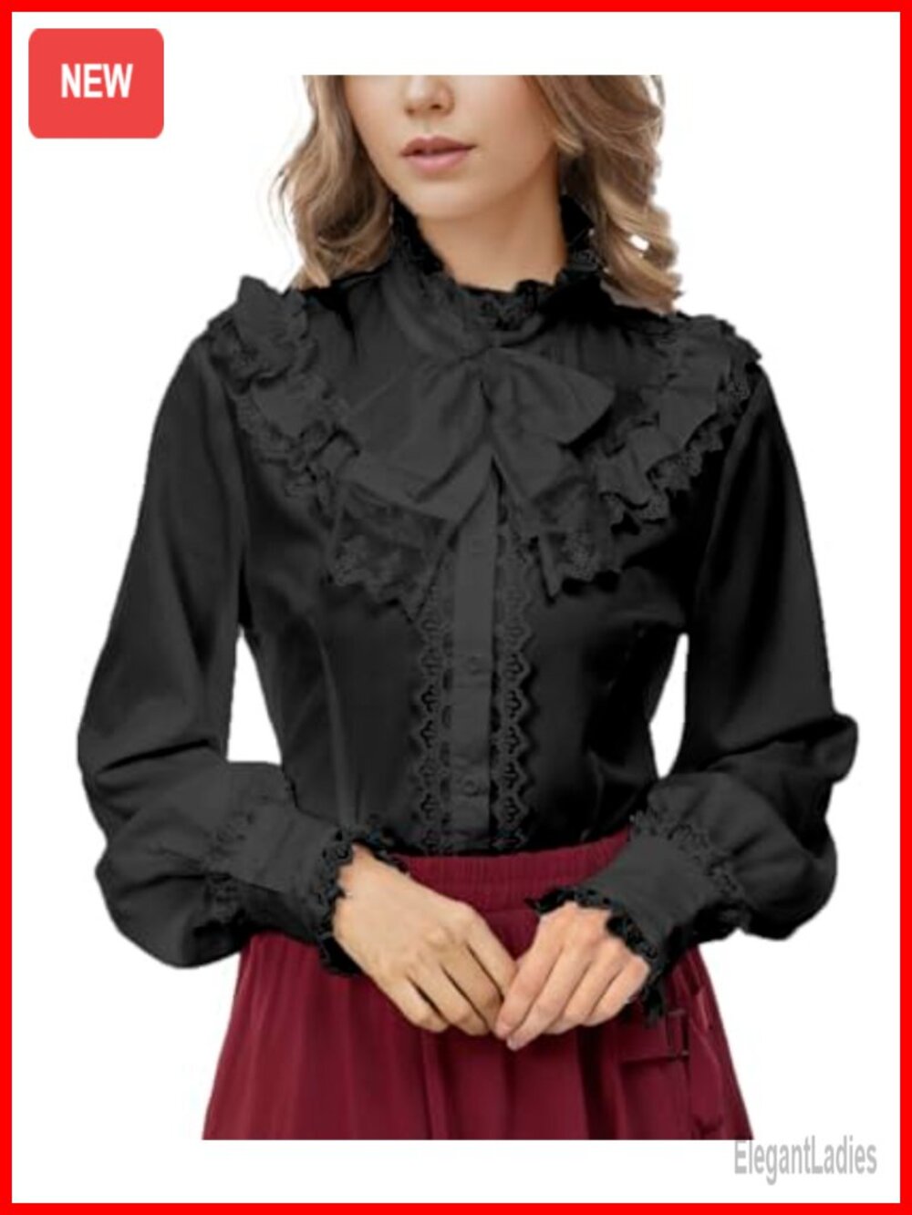 Victorian Gothic Blouse Long Sleeve Ruffled Lace Stand Collar Steampunk Top
